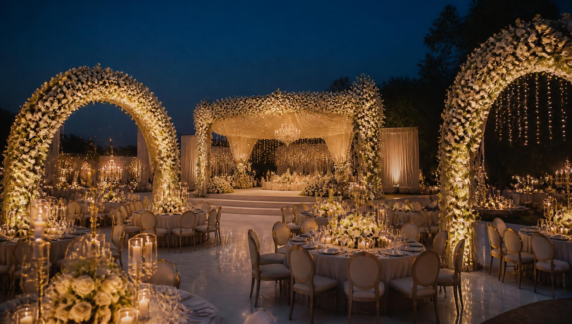 Candlelit wedding reception with floral arches and gold lighting at dusk